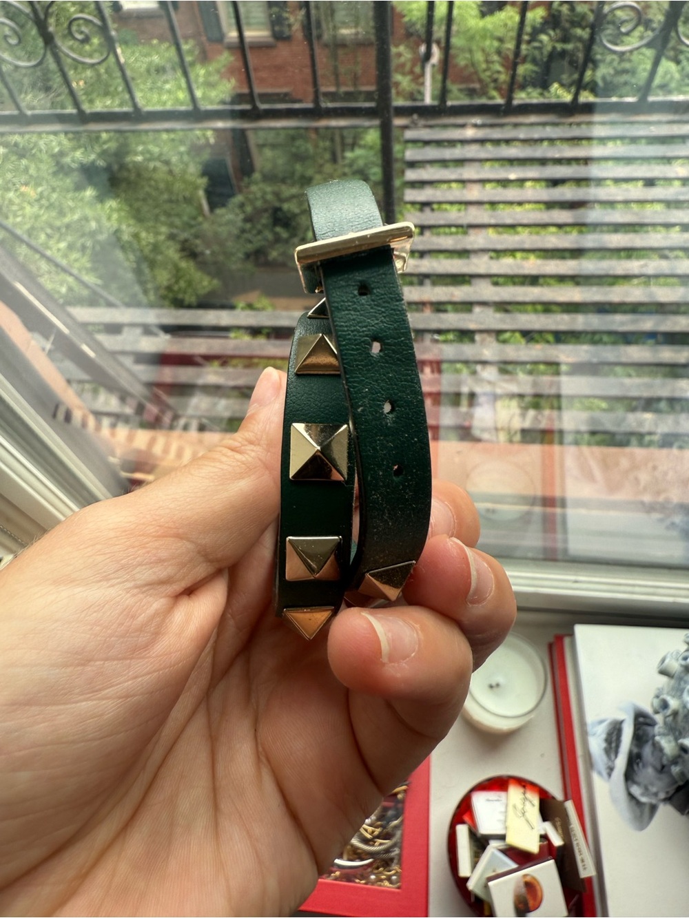 Valentino Green Leather Pyramid Stud Wrap Bracelet with Gold-Tone Hardware